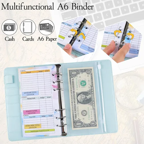 Vista 4 de Juego de carpetas presupuestarias de piel sintética, 25 unidades, cuaderno de cuero con sobres de efectivo transparentes, hojas de presupuesto