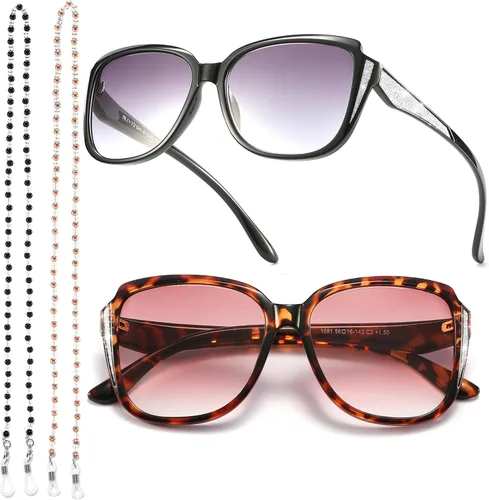 Vista 7 de Oversized Reading Glasses Cat-eye Full Frame Sun Readers for Women Black and Tortoise,Stylish Large Frame,Shiny Diamond Decors,Gray Sunglasses