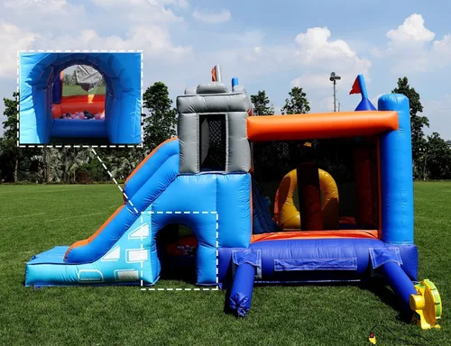 Vista 5 de Castillo inflable de grado comercial de 16 x 12 pies, (PVC resistente), (soplador de 1100 W) - 2 toboganes, hoyo de bolas, aro de baloncesto, casa