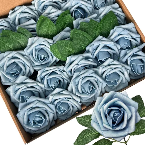 Vista 20 de 25 piezas Flores Artificiales de Espuma Rosas Falsas con Tallos 8 Hojas Rosas Sintéticas de Aspecto Real para Ramos de Boda Centros de Mesa de Negro