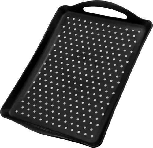Vista 6 de Paquete de 4 bandejas antideslizantes para servir alimentos con asas, bandeja rectangular de plástico de 16.5 x 11.4 x 1.57 pulgadas, bandeja negra