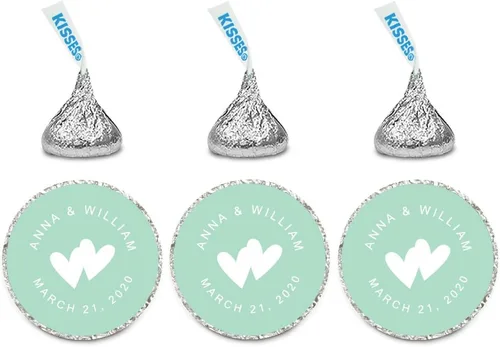 Vista 31 de Andaz Press Etiquetas personalizadas de gota de chocolate para boda, nombres y fecha redondos, turquesa aguamarina, paquete de 240, personalizadas