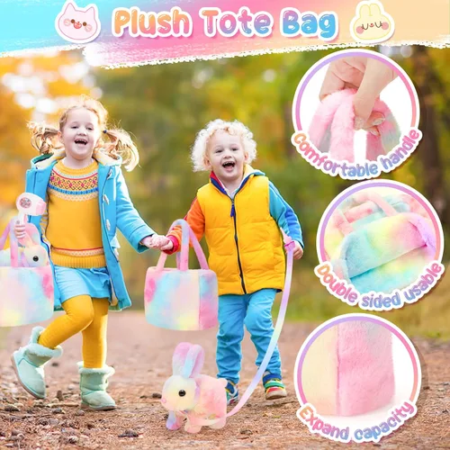 Vista 5 de NINAOR Juguetes interactivos de peluche para niños con bolsas de mano, conejo robot de peluche con correa que salta y orejas que se mueven, juguetes