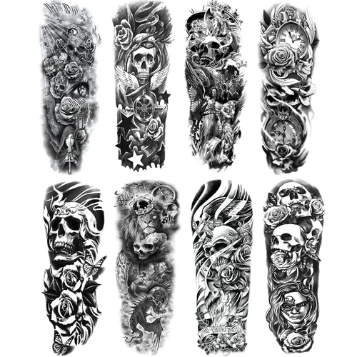 Vista 3 de Pegatinas de tatuaje de manga de león falso, brazo completo, tatuajes temporales para adultos, niños, mujeres, maquillaje, 8 hojas