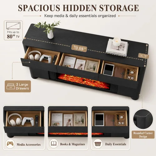 Vista 2 de Soporte de TV con chimenea de 70 pulgadas para TV de 80 pulgadas, consola Negro