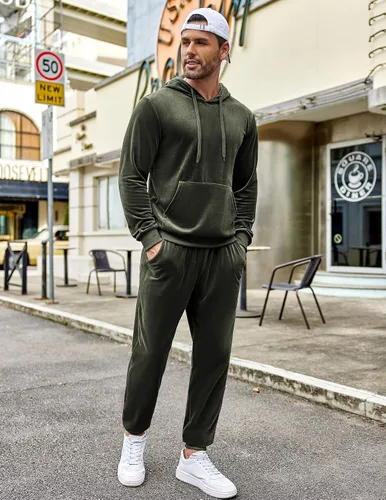 Vista 2 de COOFANDY Conjunto deportivo de 2 piezas para hombre, sudadera de manga larga con capucha, traje deportivo para deportes, casual, fitness, trotar