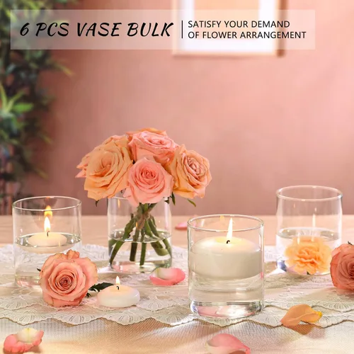 Vista 5 de SUPMIND - Jarrones cilíndricos de vidrio, 6 piezas para centros de mesa, jarrón corto de 5 pulgadas Glass Clear Flower Vases Bulk, Hurricane