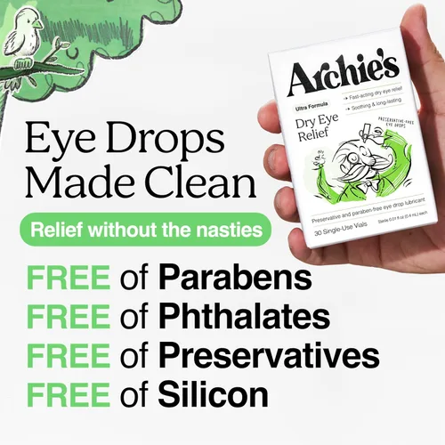 Vista 5 de Archie's Remedies, Alivio para ojos secos, gotas para los ojos ultra lubricantes, fórmula limpia y frascos sin conservantes, un solo uso