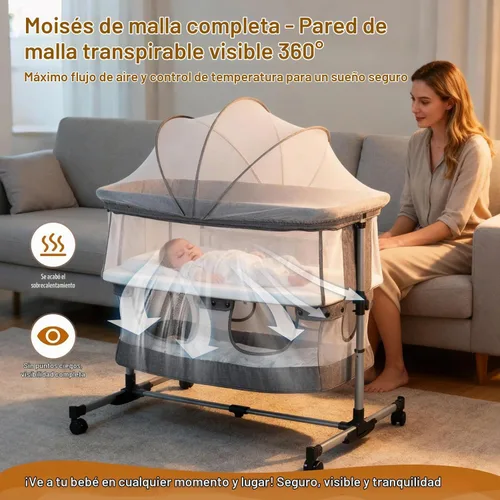 Vista 7 de Moisés para bebé, cuna mecedora 3 en 1, moisés de noche para bebé con mosquitera, lados de malla completa, 5 alturas ajustables, cuna estable