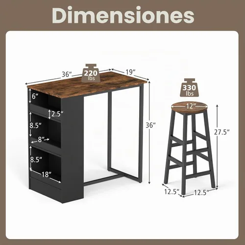 Vista 4 de COSTWAY Juego de mesa de bar de 3 piezas, juego de mesa de desayuno de con 3 estantes de almacenamiento, 2 taburetes redondos, juego de mesa