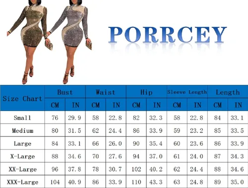 Vista 6 de PORRCEY - Vestido de noche sexy con manga larga y diamantes de imitación para mujer, fiestas y discotecas