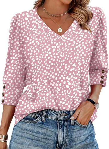 Vista 22 de XIEERDUO - Blusas de manga 3/4 para mujer, cuello en V, con botones, estilo A-blanco