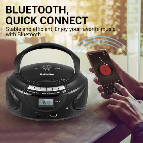 Vista 4 de Gelielim Reproductores de CD portátiles para el hogar, Boombox de CD con radio estéreo AM/FM, Bluetooth, USB, tarjeta SD, unidad MMC, entrada