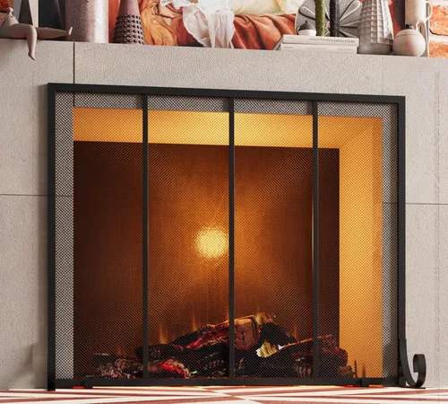 Vista 4 de Fire Beauty Protector de chispas para chimenea de panel plano, puerta de metal forjado, cubierta de seguridad decorativa para chimenea, protector