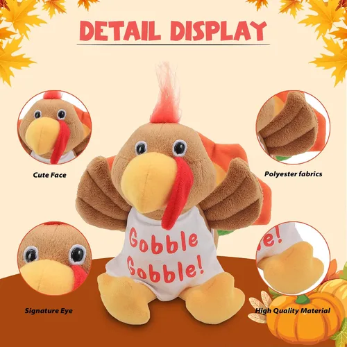 Vista 2 de Peluche de pavo de Acción de Gracias, perfecto para todas las edades, suave y abrazable, 8 pulgadas
