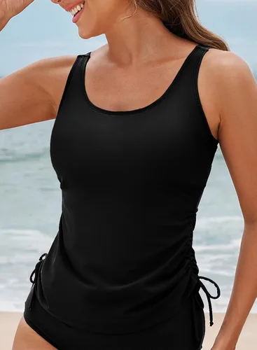 Vista 2 de Aleumdr Top de Tankini para Mujer Solo con Fruncidos, Control de Abdomen, Traje de Baño Modesto, Sin Parte Inferior 2-Negro