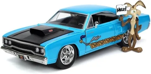 Vista 3 de Jada Looney Tunes 1:24 1970 Plymouth Roadrunner - Coche fundido a presión y figura de Wile E. Coyote de 2.75 pulgadas, juguetes para niños y adultos
