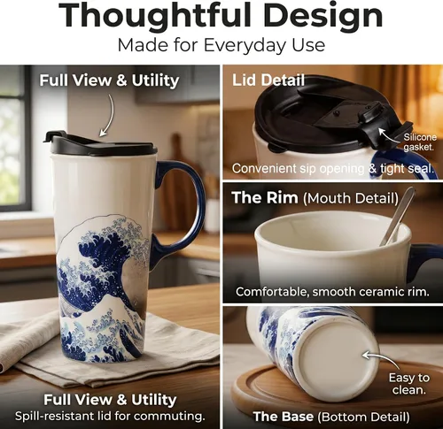 Vista 2 de Taza de cerámica de viaje de Voltugar con tapa y asa para el hogar y la oficina, taza de té alta de porcelana con diseño de olas y caja