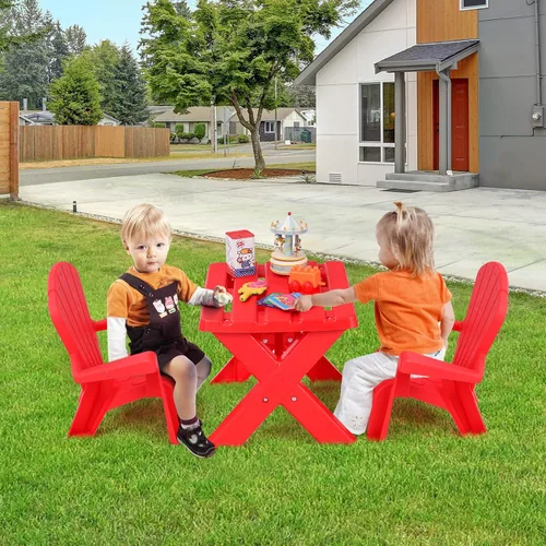 Vista 8 de COSTWAY Juego de mesa y silla para exteriores para niños, mesa de juego para niños con 2 sillas Adirondack, 3 muebles de patio trasero para niños