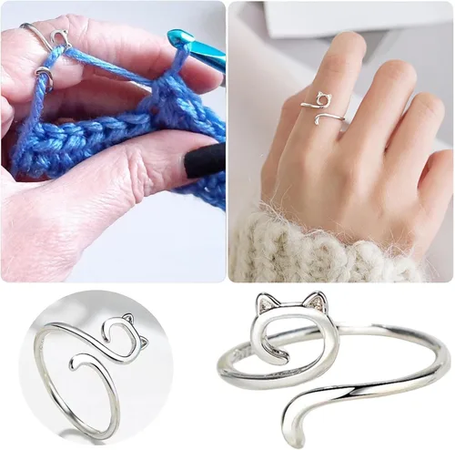Vista 5 de Anillo de hilo de orejas de gato y gatito, tamaño ajustable, anillo de ganchillo para principiantes, tejer, regalo de ganchillo, herramienta