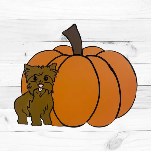 Vista 3 de Calabaza con Yorkie, forma de otoño, recorte de madera sin terminar, pintura por línea