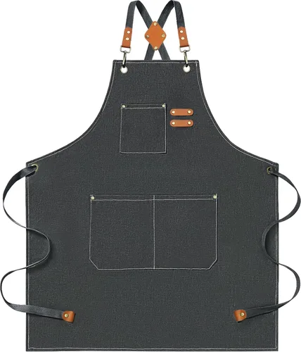 Vista 8 de Delantales de chef para hombres y mujeres con bolsillos grandes, delantal de lona de algodón resistente con espalda cruzada