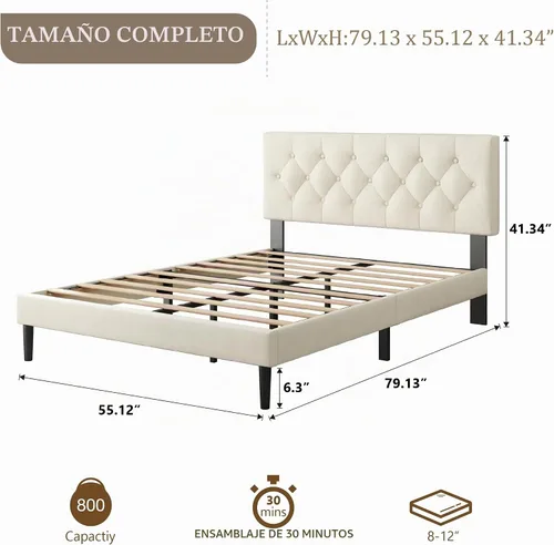 Vista 2 de CXVX Marco de cama de tamaño matrimonial con estructura de plataforma y cabecera tapizada, diseño con botones, listones de madera resistentes,