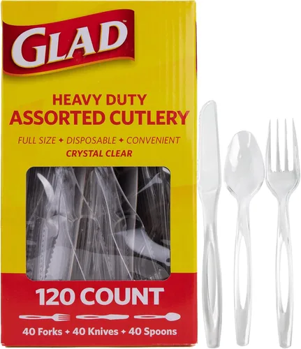 Vista 13 de Glad Juego de cubiertos desechables transparentes con tenedores, cuchillos y cucharas de plástico resistente, utensilios de plástico reutilizables