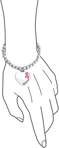 Vista 4 de Personalize - Pulsera elástica con forma de corazón para sobrevivientes de cáncer con cinta rosa grabable para mujeres, Esmalte Metal, otro