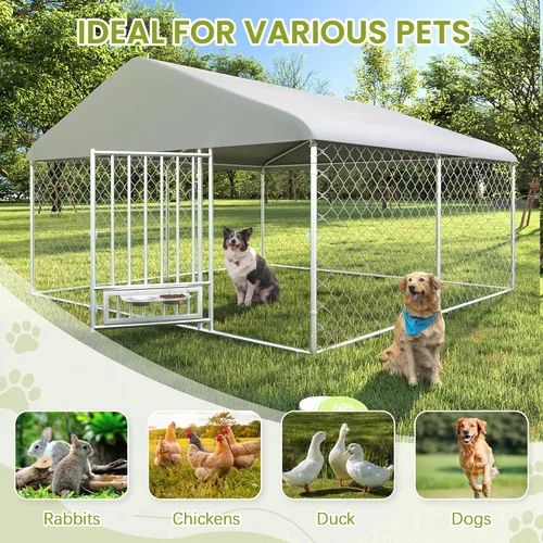 Vista 7 de 10FT x 10FT Outdoor Dog Kennel with Roof, Outside Dog Run Fence with Rotated Dog Bowls, Large Dog House Pen Enclosure with Secure Lock&Textilene Door