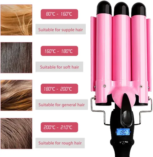 Vista 5 de Plancha rizadora de 3 barriles de cerámica con pantalla LCD y herramienta de doble voltaje para mujeres, ondas de playa con temperatura ajustable