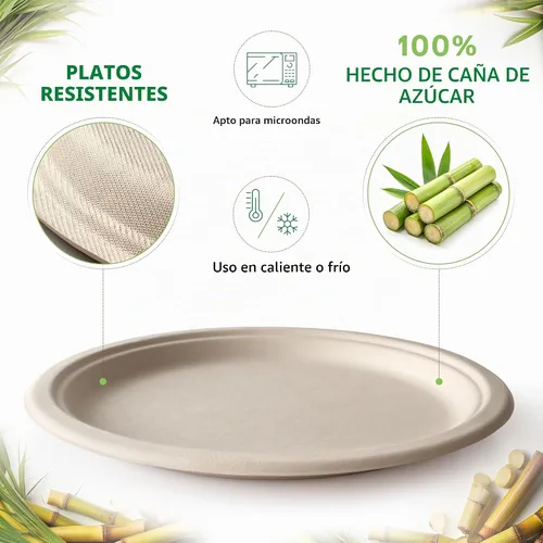 Vista 2 de Platos compostables, platos de papel desechables de alta resistencia - [125 unidades] de 9 pulgadas, biodegradables sin blanquear, hechos de bagazo