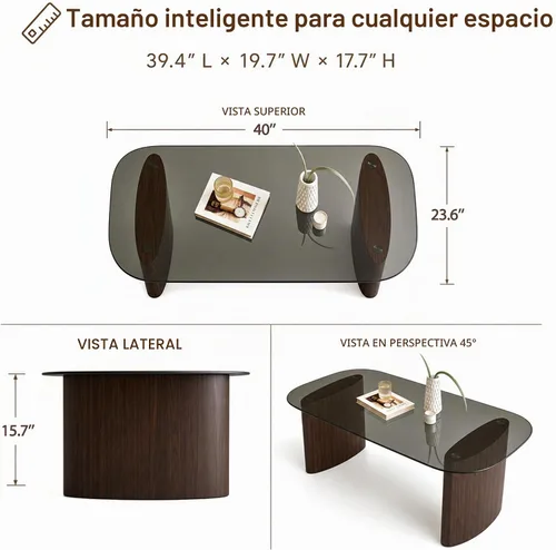 Vista 2 de Mesa de centro moderna de cristal, mesa de centro para sala de estar, tapa de vidrio templado con base de madera resistente, mesas de centro