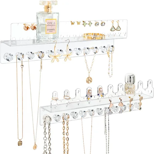 Vista 9 de Organizador de joyas colgante de acrílico montado en la pared con estante flotante, organizador de collar y organizador de aretes para mujeres