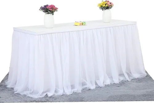 Vista 8 de Suppromo Pack de 2 faldas de mesa de tul azul de 6 pies para mesas rectangulares o redondas, mantel de tul azul para baby shower, cumpleaños