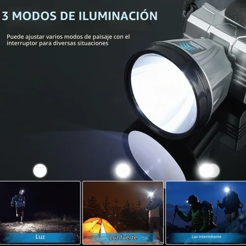 Vista 4 de Linterna frontal recargable súper brillante de alta potencia, lámpara LED recargable, luces LED para la frente, faro frontal impermeable con luces