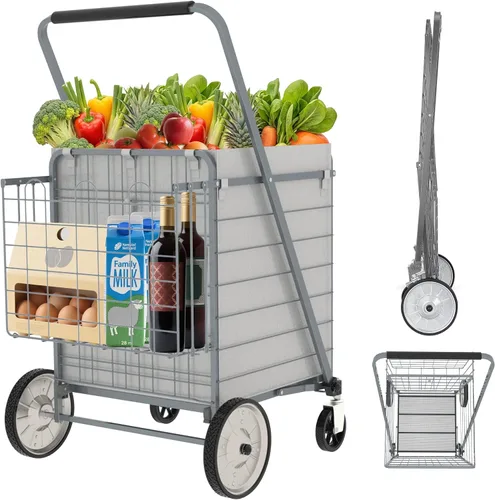 Vista 14 de Carrito de Compras Plegable de Servicio Pesado para Comestibles, Carritos de Comestibles Jumbo con Ruedas Giratorias de 360°, Bolsa Impermeable