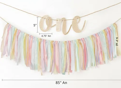 Vista 6 de PapaKit Juego de decoración prémium para silla alta para el primer cumpleaños para niñas, guirnalda de cinta de arco iris pastel, corona, una