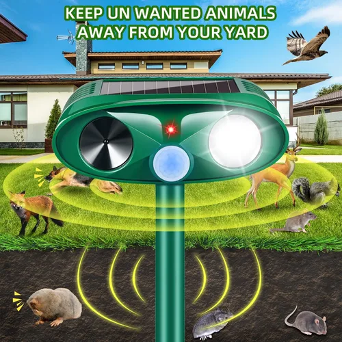 Vista 2 de Repelente solar ultrasónico de animales, repelente de animales activado por movimiento al aire libre, repelente de ciervos y gatos, IP65