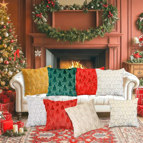 Vista 6 de Juego de 2 fundas de almohada de Navidad de 18 x 18 pulgadas, fundas de almohada beige con patrón de árbol de Navidad, fundas de cojín de piel