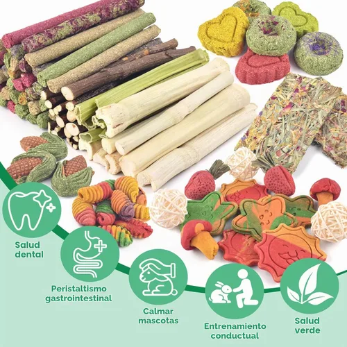 Vista 2 de ERKOON 106 PIEZAS Juguetes Masticables de Conejo para Dientes de Conejos, Juguetes Naturales para Conejos Palitos de Madera de Manzano, Zanahoria
