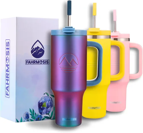 Vista 19 de FAHRMOSIS Vaso de 40 onzas con asa y pajita, taza aislada que cabe en el portavasos para bebidas frías y calientes, vaso a prueba de fugas