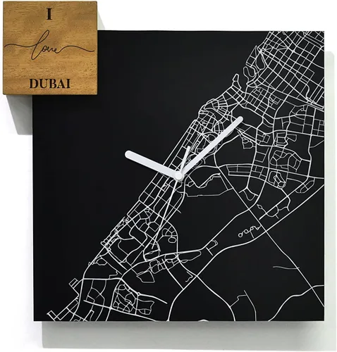 Vista 16 de Modern Wall Clock - Black Aluminum with Silver Fiber Laser Engraving - Square - Contemporary Design - Personalized City Map - Home Town - Location