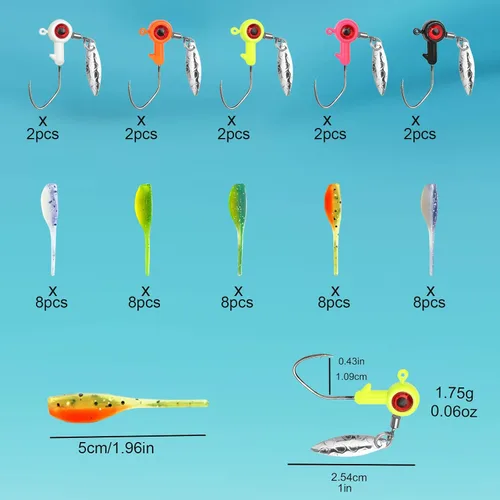 Vista 2 de 50 piezas de conjunto de señuelos para crappie - 2 pulgadas de cebo, cabezas de jig y anzuelos para pesca versátil
