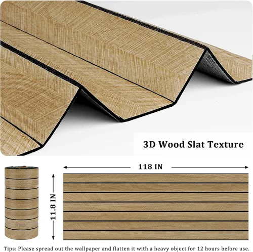 Vista 6 de Paneles de Madera Marrón 3D para Paredes 120" x 12" Paneles de Pared de Listones Acústicos Despegar y Pegar Paneles de Madera Autoadhesivos