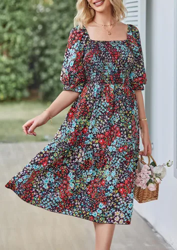 Vista 4 de PRETTYGARDEN - Vestidos informales de verano y primavera para mujer, manga abombada, cuello cuadrado, acampanados, bohemios, florales, fruncidos