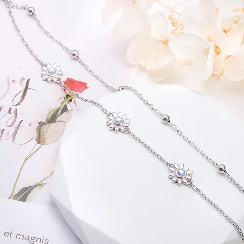 Vista 2 de Flyow Tobillera para mujer de plata de ley S925 ajustable con cuentas de corazón con dije de corazón