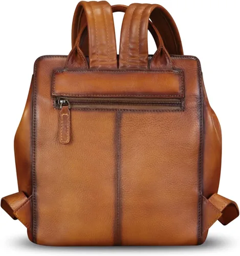 Vista 4 de Mochila de cuero genuino para mujer, bolso retro de cuero en relieve, hecho a mano, mochila trasera, mochila casual, Marrón, Vintage