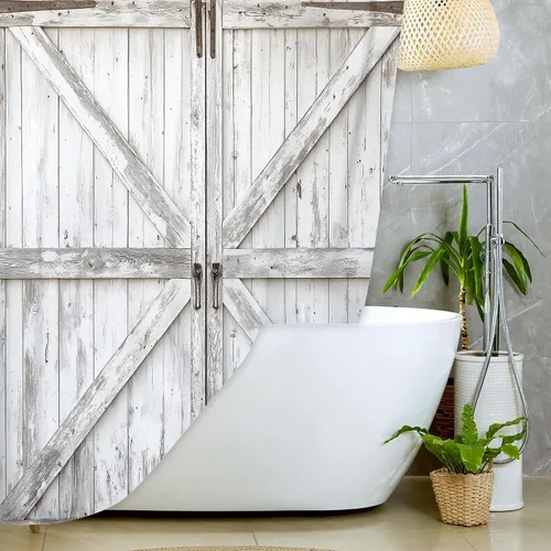 Vista 16 de JAWO Cortina de ducha rústica para puerta de granero, estilo occidental, para baño, tablero de madera marrón, tela impermeable de poliéster