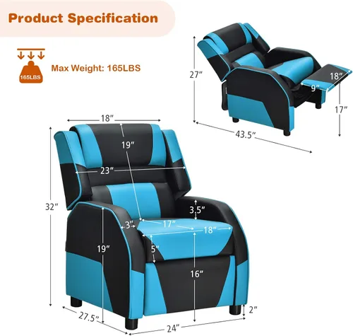Vista 3 de Giantex Silla reclinable para niños, silla reclinable para juegos con reposapiés, reposacabezas y soporte lumbar, silla ergonómica de cuero para Azul